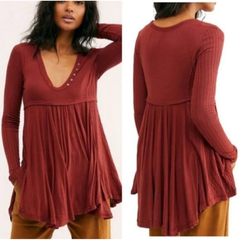 NWT Free People Birdie Henley Top Size Small Babydoll Red